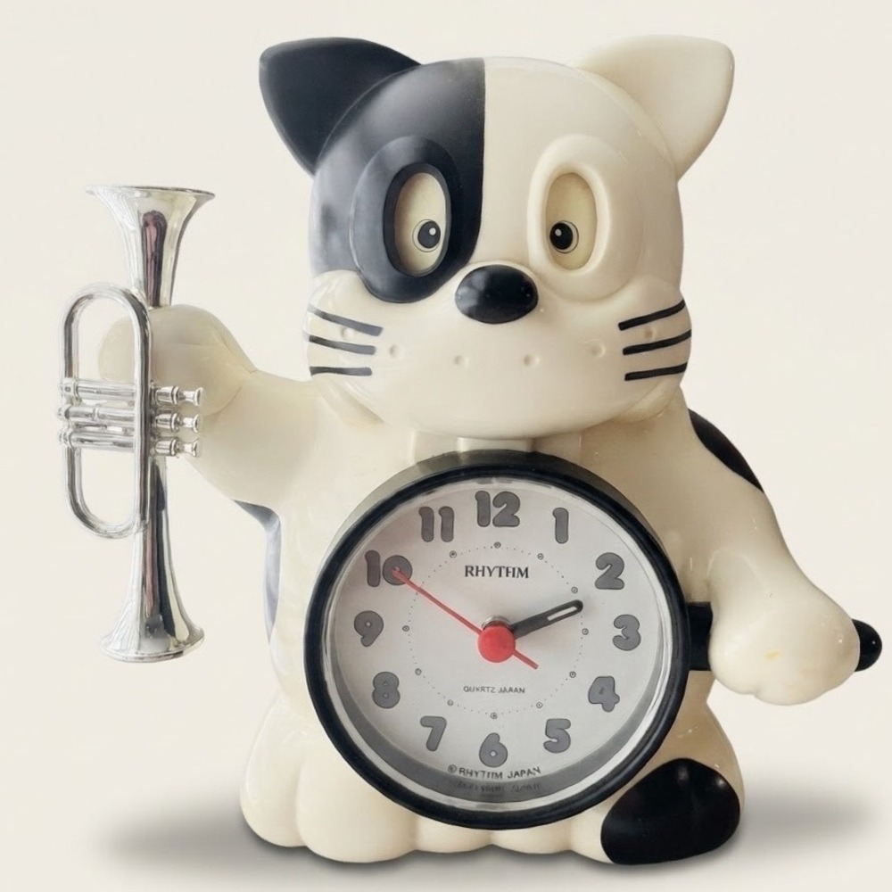 Rhythm Japan Quartz Alarm Clock Tuxedo Cat Trumpet Animated Eyes Vintage Novelty